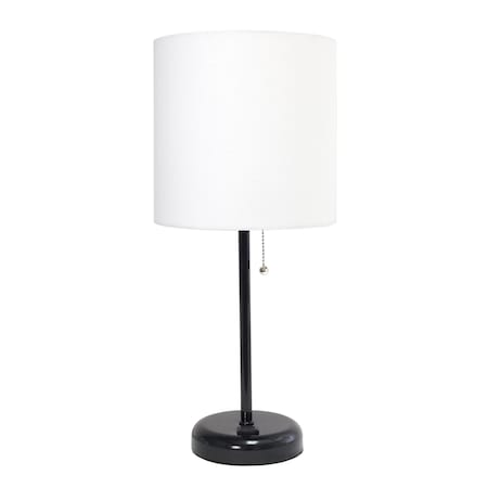 Black Stick Lamp With Charging Outlet And Fabric Shade